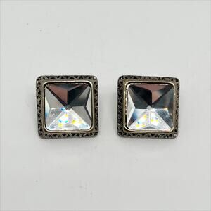 Vintage Large Gemstone Etched Gold Tone Square Earrings
